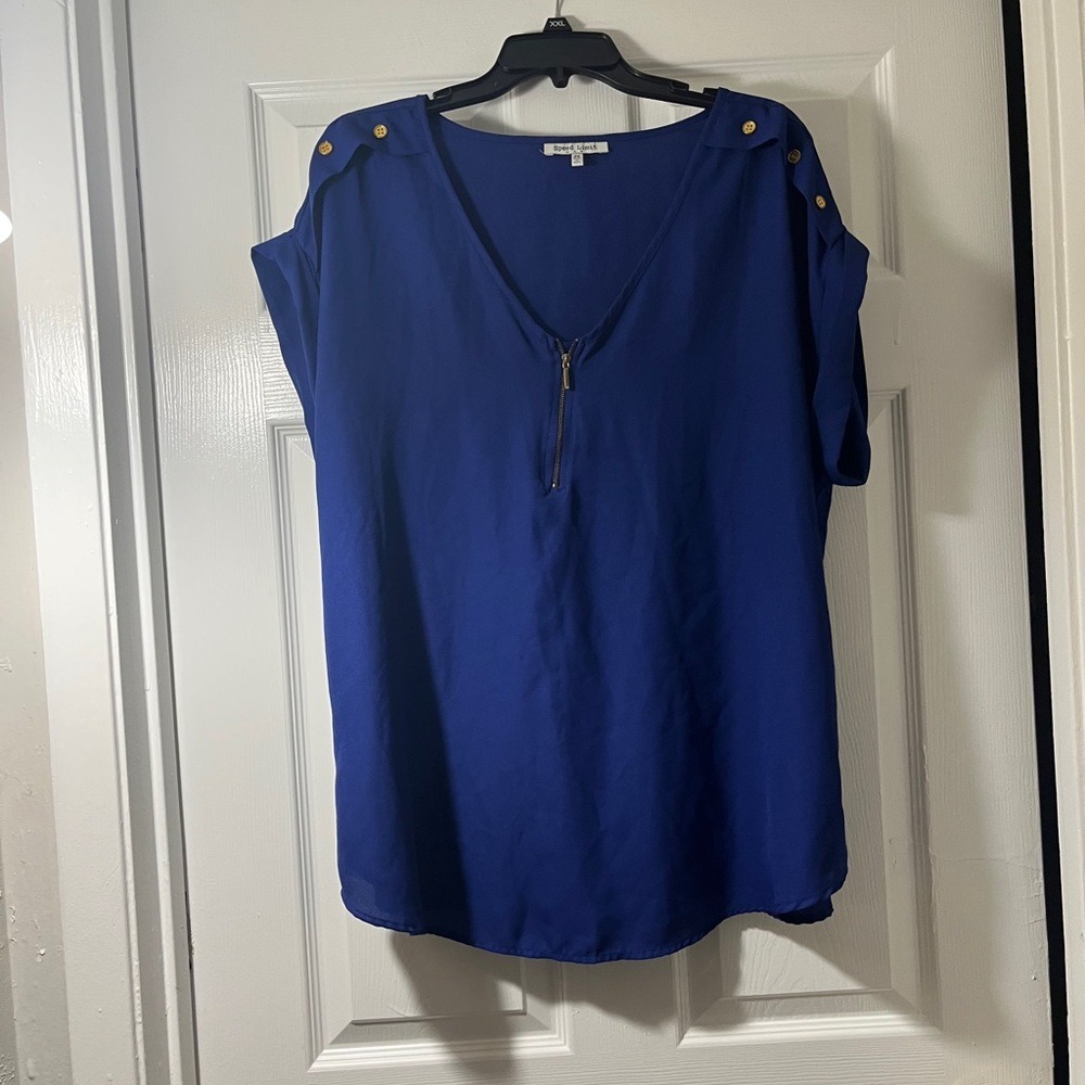 Speed Limit Royal Blue Half Zip Blouse Gold Button Shoulder Plus Size 2X Top